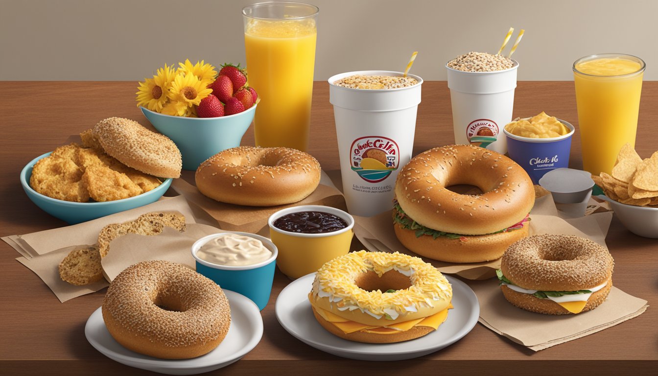 A colorful sunflower multigrain bagel surrounded by 11 Chick-fil-A breakfast menu items arranged in an appealing display