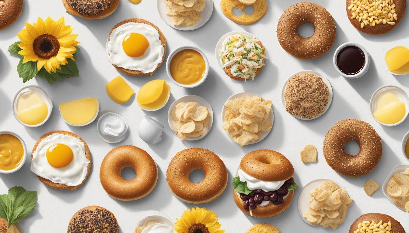 A sunflower multigrain bagel surrounded by eight Chick-fil-A breakfast items, each paired with a different sauce, arranged on a clean, white surface