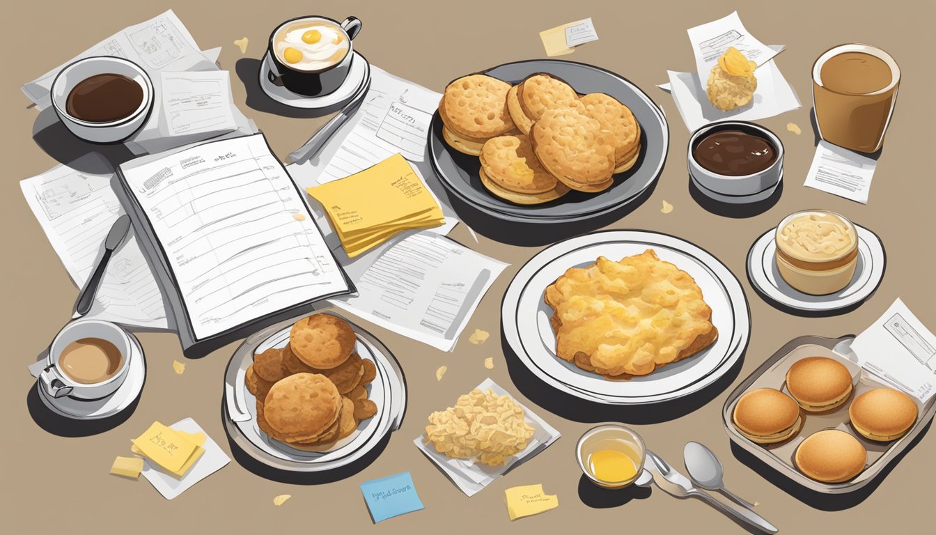 A table set with a variety of Chick-fil-A breakfast items, including a buttered biscuit, surrounded by customer feedback notes