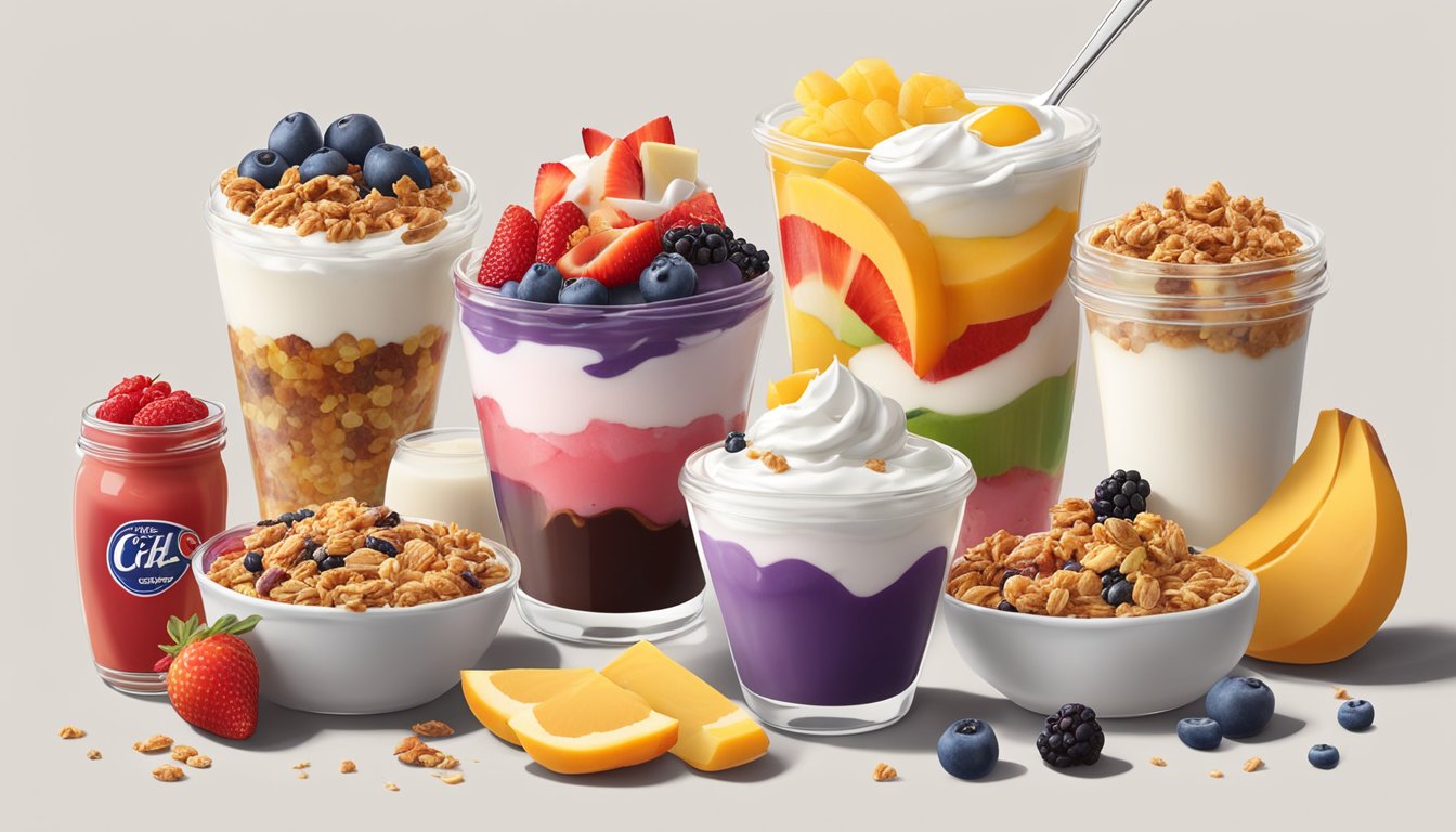 A colorful parfait with layers of Greek yogurt, granola, and fresh fruit, surrounded by a variety of Chick-fil-A breakfast items and their accompanying sauces