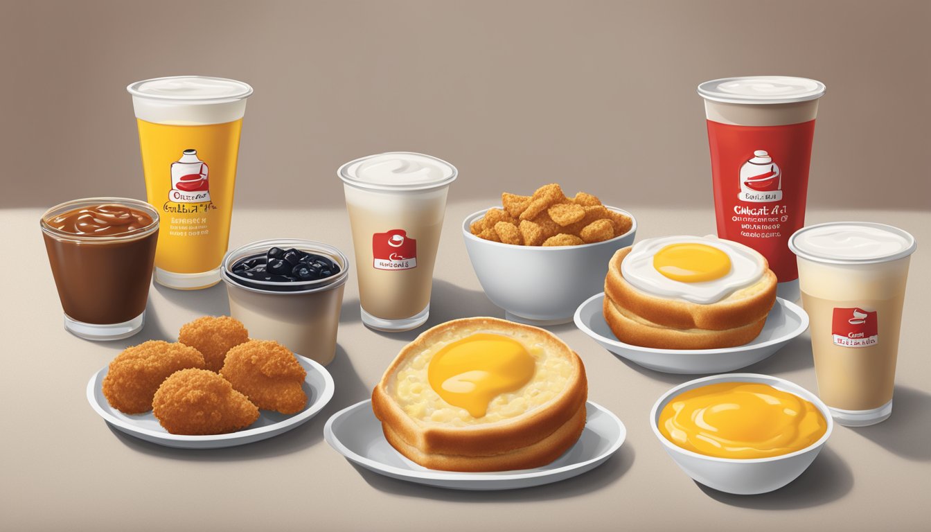 A spread of Chick-fil-A breakfast items arranged with their corresponding sauces in small dishes, creating a colorful and appetizing display