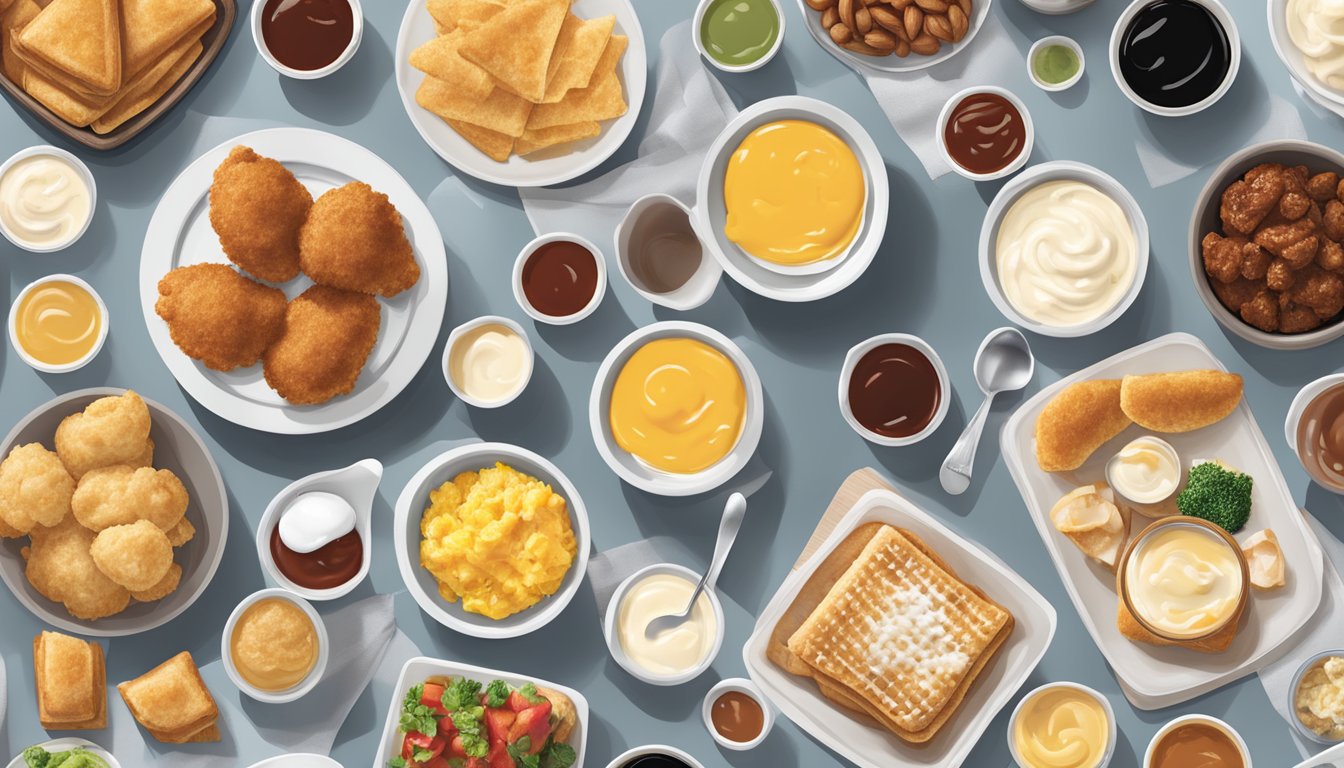 A table set with Chick-fil-A breakfast items and a variety of their signature sauces arranged neatly in small bowls