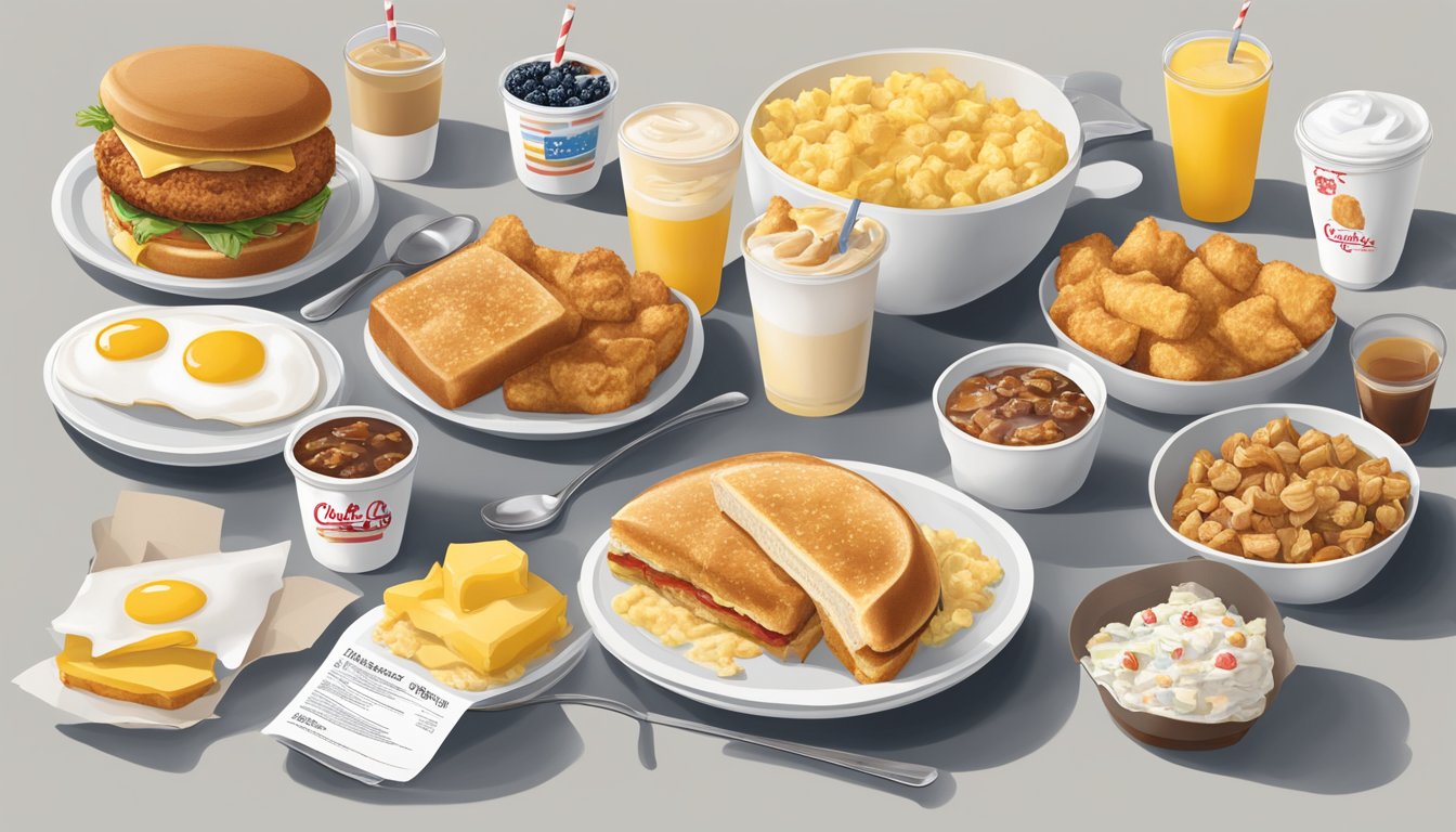 A colorful array of Chick-fil-A breakfast items surrounded by customer feedback and nutritional information