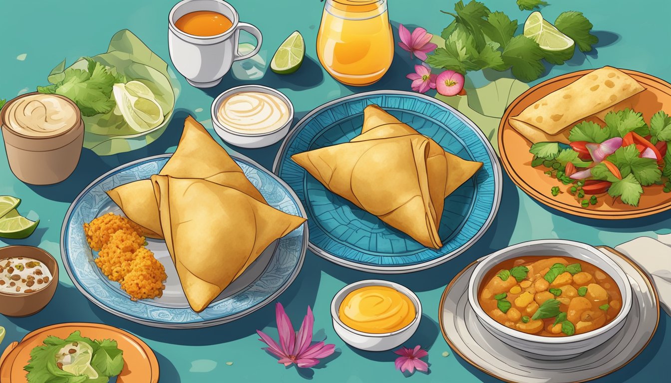 A steaming samosa potato wrap sits on a colorful plate surrounded by exotic breakfast items from 11 different countries