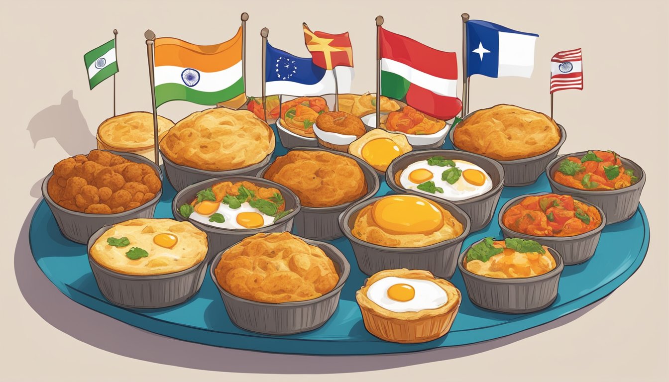 A colorful display of Indian masala egg muffins surrounded by flags from 11 different countries, representing unique Wendy's breakfast items