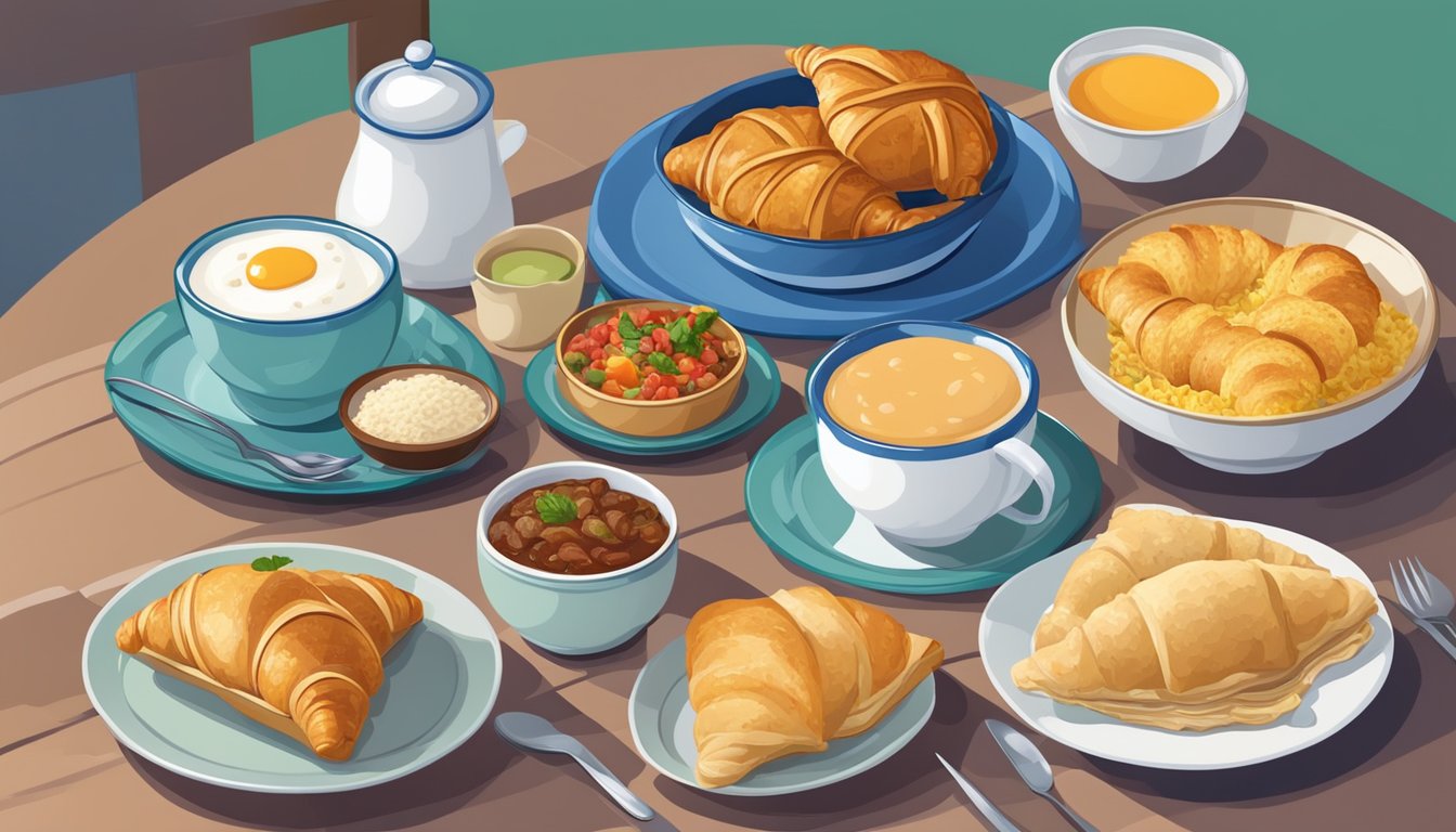 A table with breakfast items from 11 countries, including croissants, empanadas, and rice porridge, displayed on colorful plates