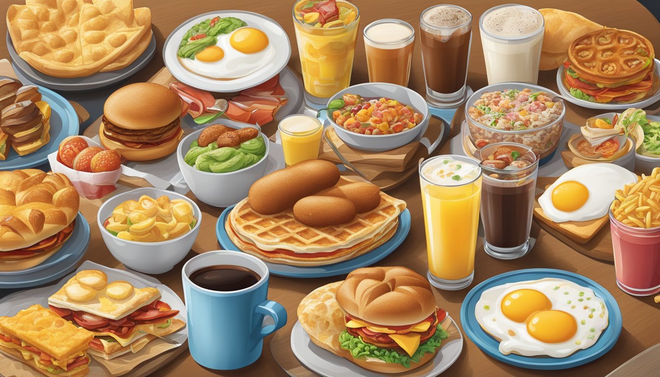 A colorful array of breakfast items from 11 different countries, each with unique cultural influences, displayed on a fast food menu board at Wendy's