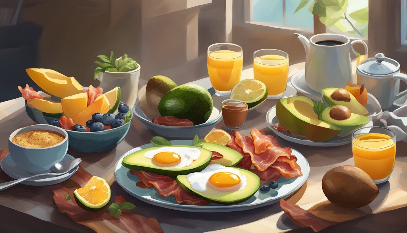 A sunny morning with a table full of fresh eggs, crispy bacon, and ripe avocados, surrounded by vibrant fruits and steaming coffee