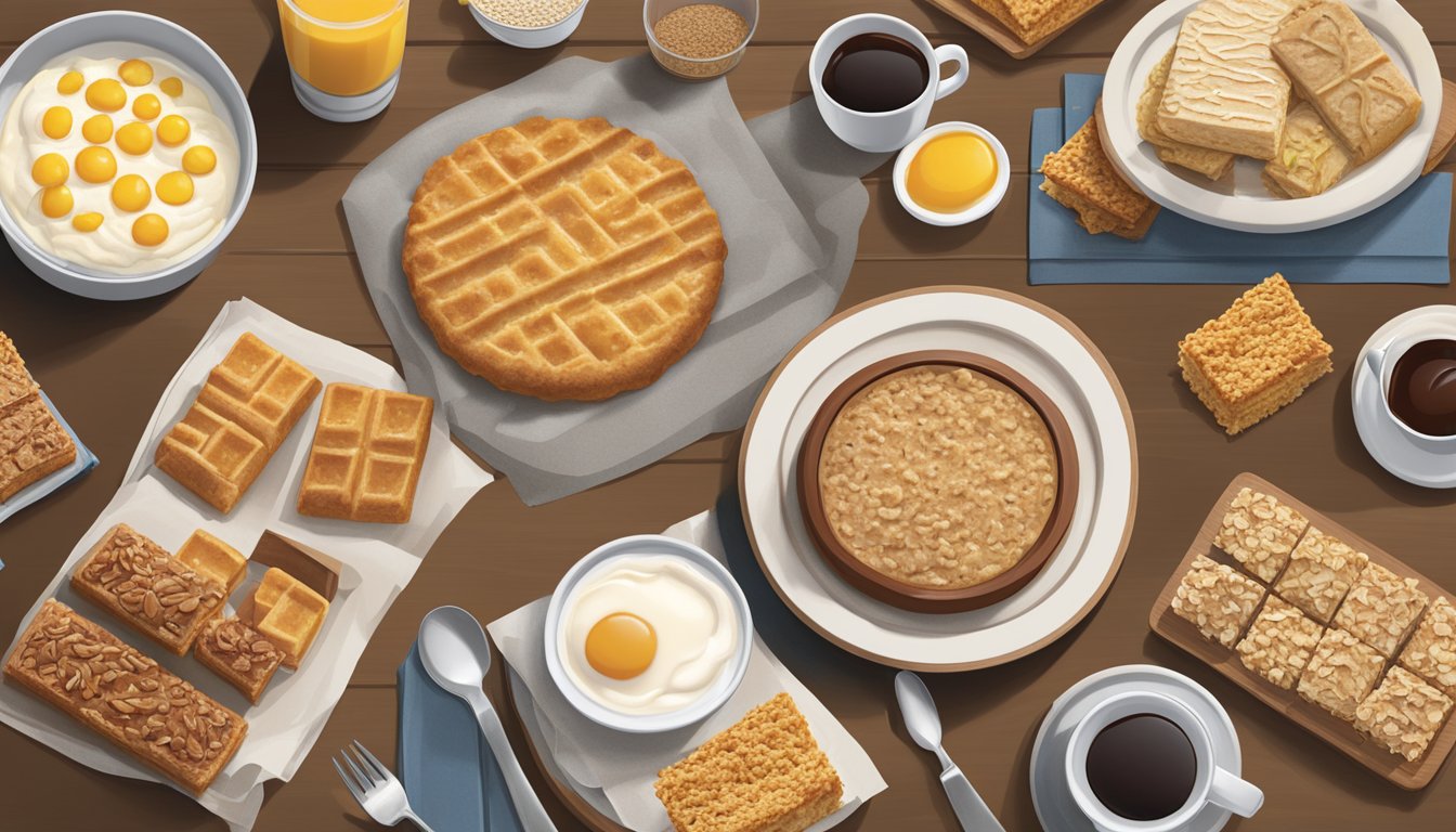 A breakfast spread featuring a variety of oatmeal bars and other items from Wendy's breakfast menu, arranged on a table