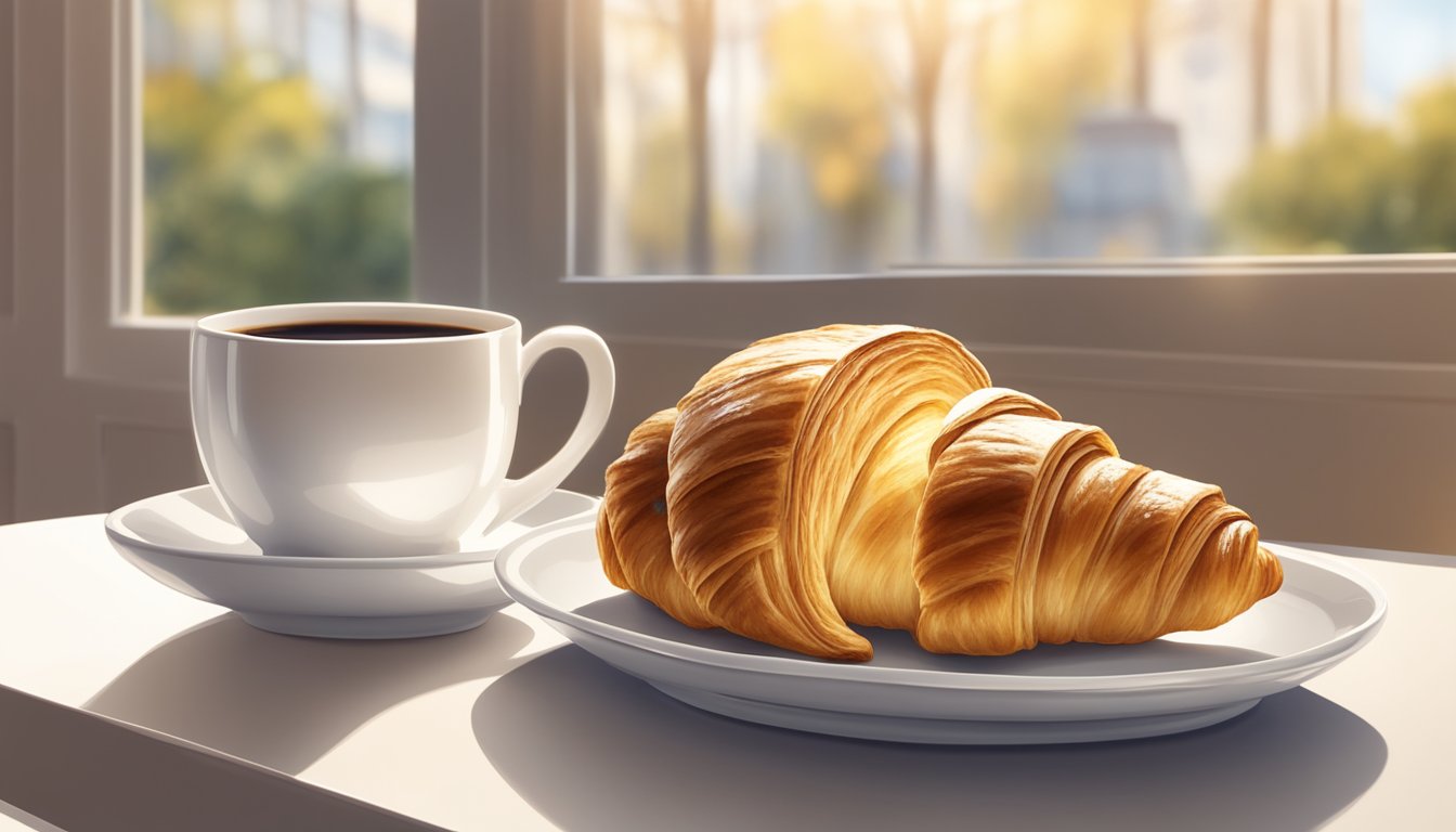 A golden-brown croissant sits on a white plate next to a cup of coffee, with a soft morning light streaming in from a nearby window