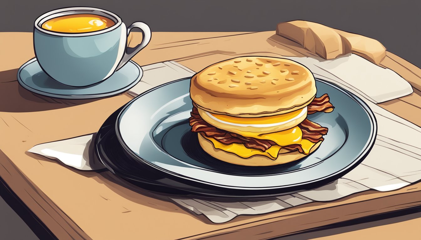 A sizzling bacon, egg, and cheese biscuit combo served alongside a hot cup of coffee on a tray