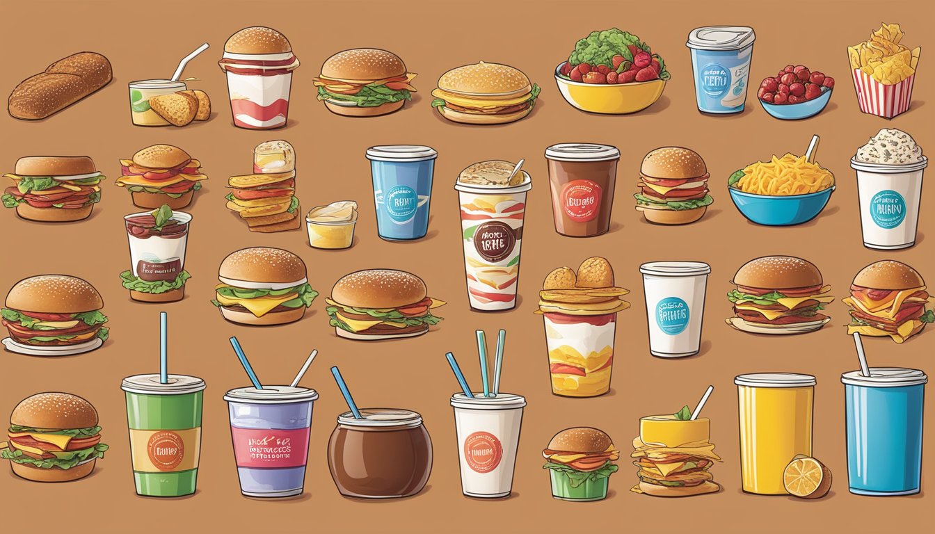 A colorful breakfast spread featuring 10 Wendy's menu items, each labeled with their respective nutritional benefits