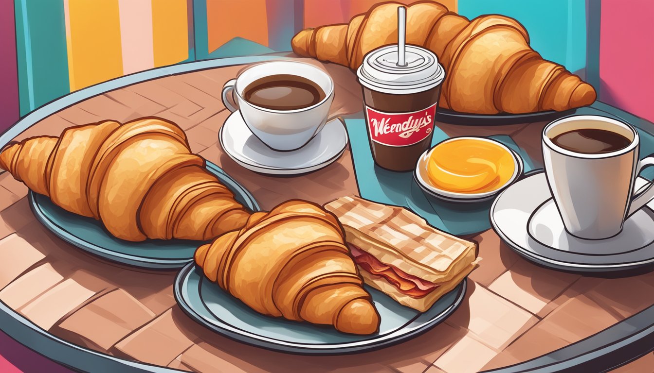 A flaky croissant with maple bacon and a side of coffee, served on a tray with a colorful backdrop of a Wendy's breakfast menu