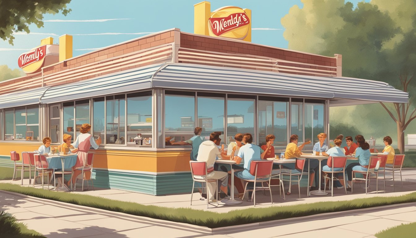 A sunny morning scene at a retro-style diner with a sign announcing "Wendy's Breakfast Menu Launch 1985". Customers enjoy breakfast items at outdoor tables