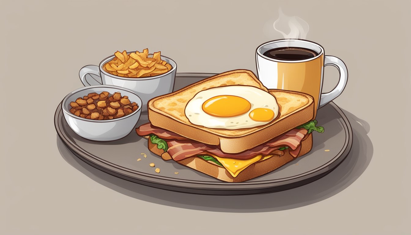 A sizzling bacon, egg, and cheese sandwich combo with a side of crispy hash browns and a steaming cup of coffee on a tray