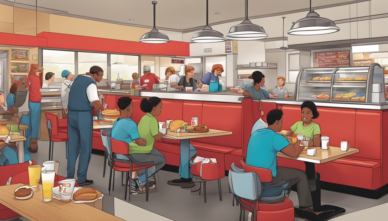 A bustling morning scene at a Wendy's restaurant, with customers enjoying a delicious breakfast spread while staff members provide top-notch service