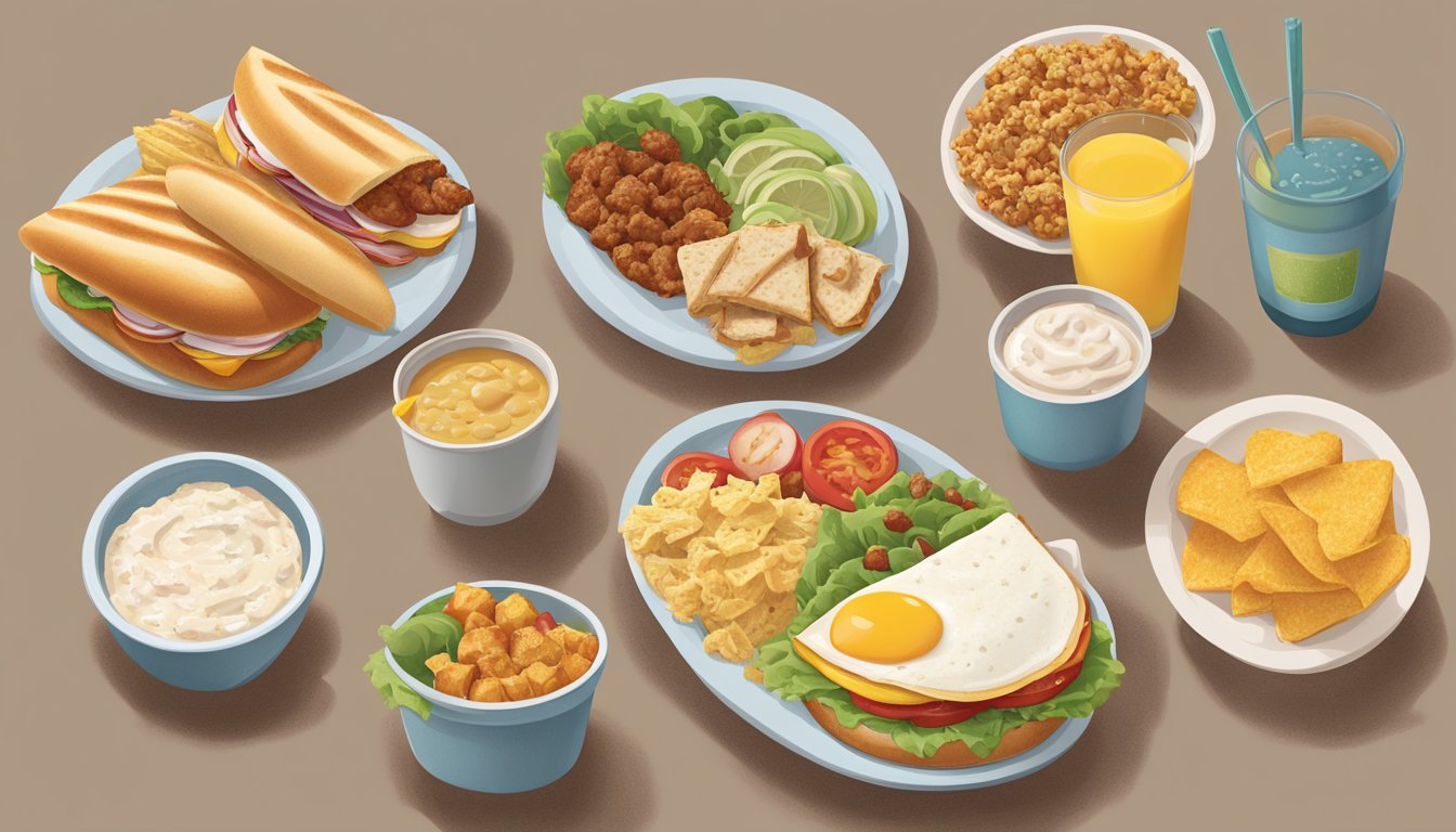 A table set with 7 breakfast combos from Wendy's, each under $5, showcasing a variety of sandwiches, wraps, and sides with nutritional information displayed