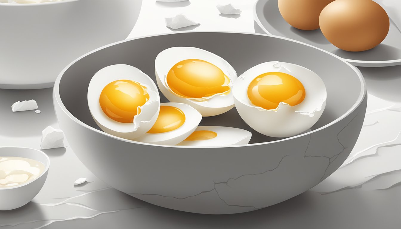 A bowl of freshly-cracked eggs sits on a clean, white countertop