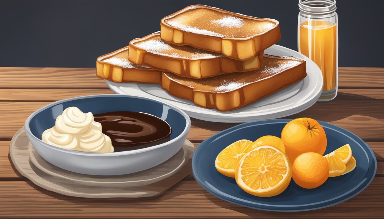 A plate of French toast sticks with syrup, powdered sugar, and a side of fresh fruit on a rustic wooden table