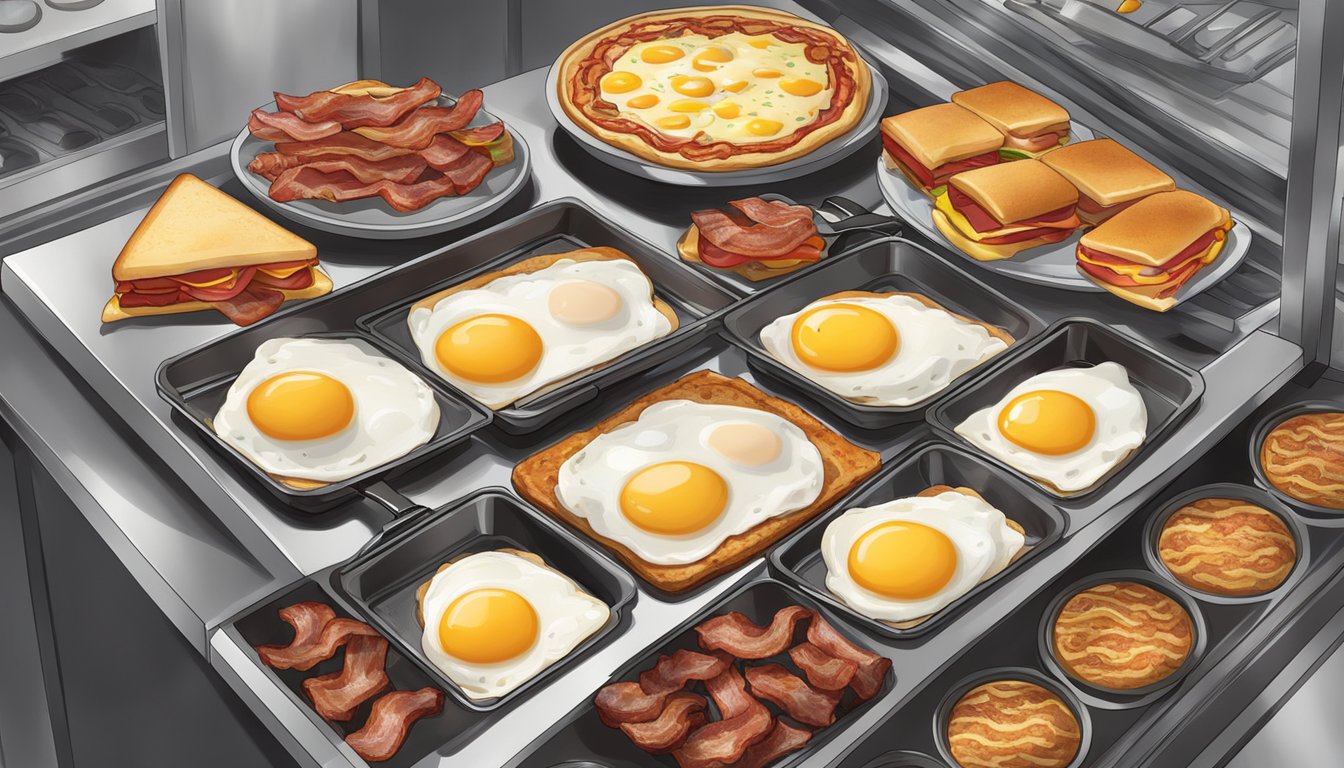 A sizzling hot griddle with bacon, eggs, and breakfast sandwiches, surrounded by a bustling Wendy's breakfast kitchen