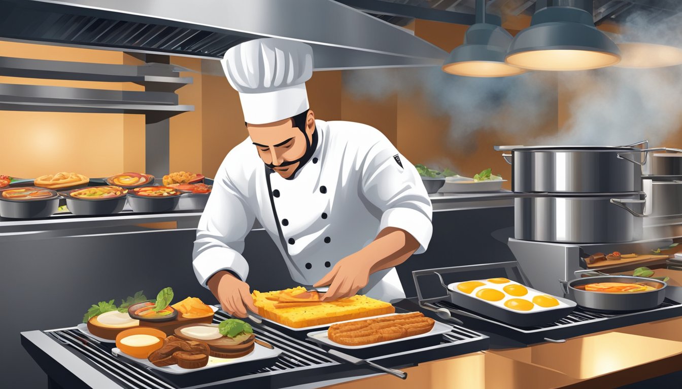 A chef preparing a variety of breakfast items on a sizzling grill