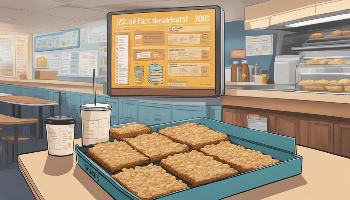 A tray of oatmeal bars sits next to a menu board with "12 Facts You Didn't Know About Wendy's Breakfast" displayed