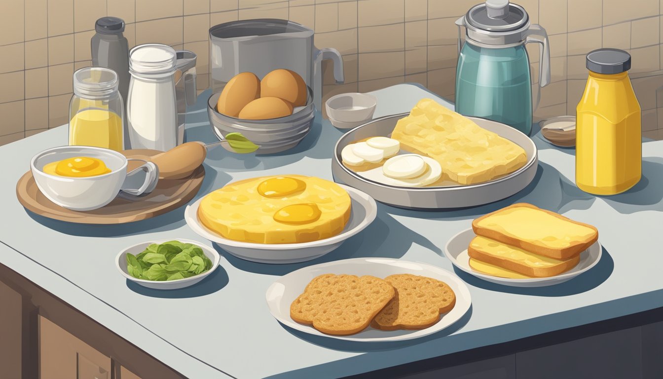 A kitchen counter with various breakfast items and condiments, including a debate between real butter and margarine