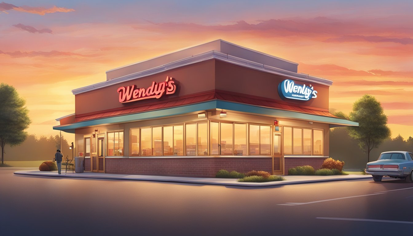 A morning sunrise over a Wendy's restaurant, with a warm glow emanating from the building as customers line up for the newly introduced breakfast menu