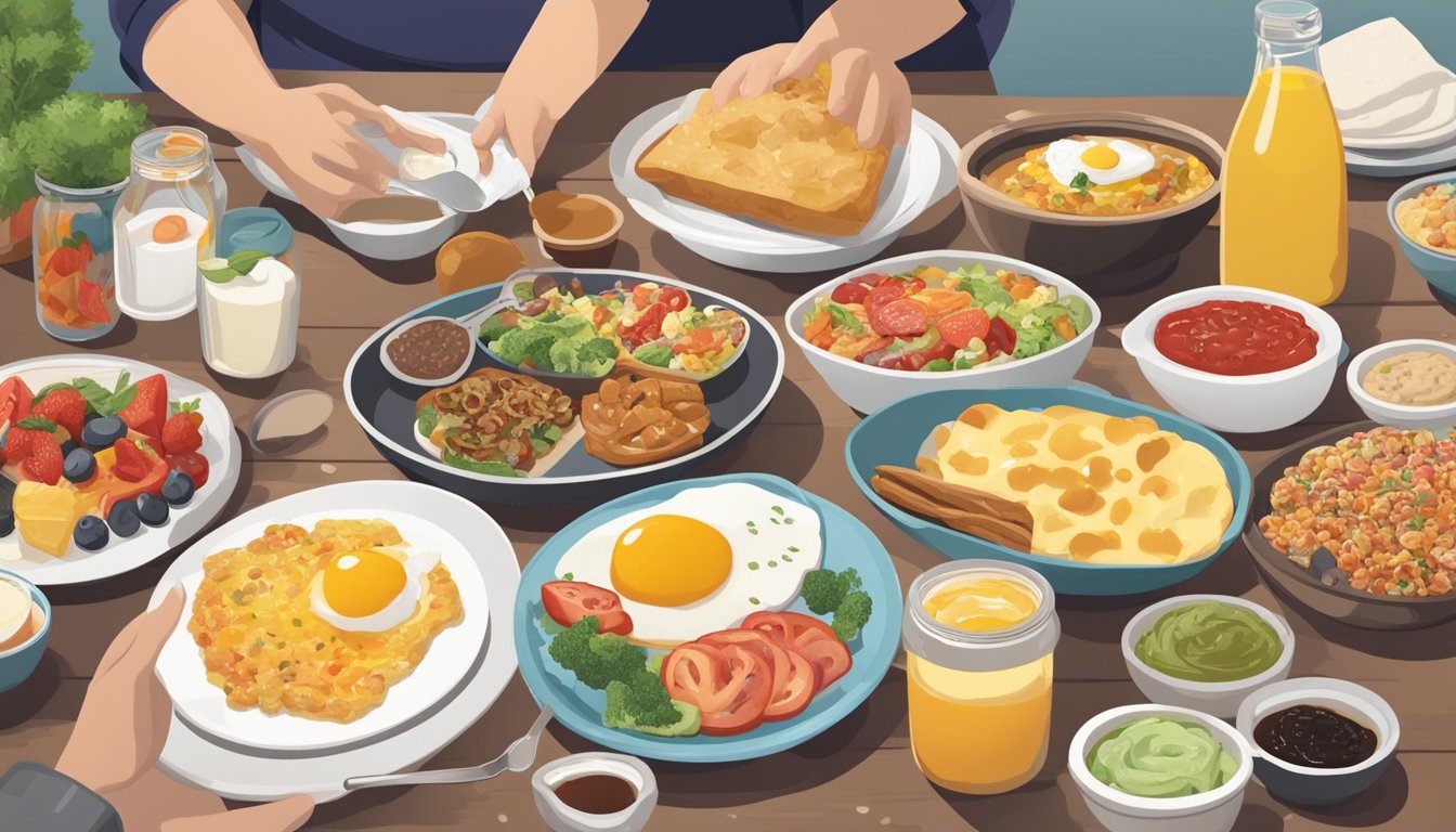 A table filled with various breakfast items and condiments, with a person customizing their meal with different toppings and sides