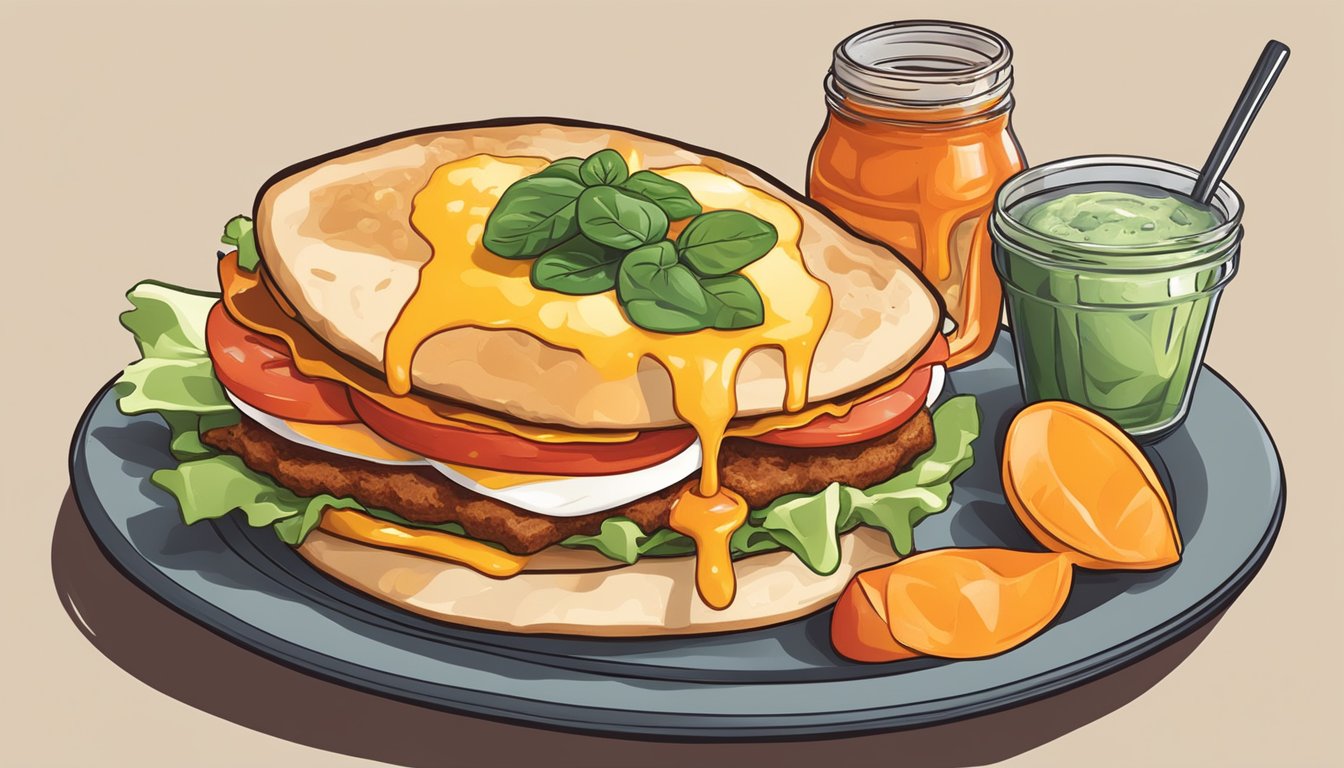 A breakfast sandwich with Sriracha sauce drizzled over it, adding a spicy kick to the meal