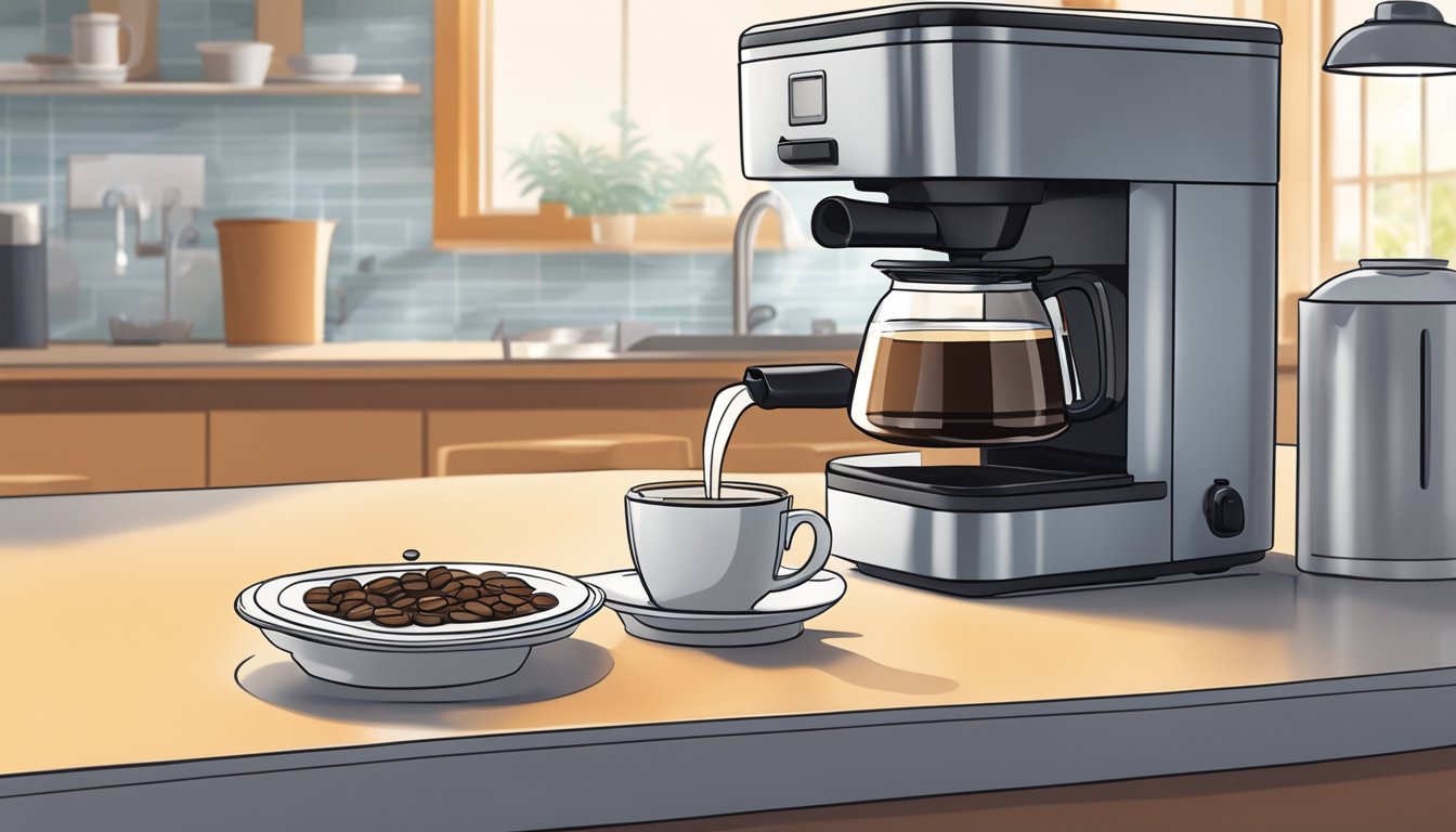 A steaming cup of coffee being poured from a carafe into a waiting mug on a clean, well-organized breakfast counter