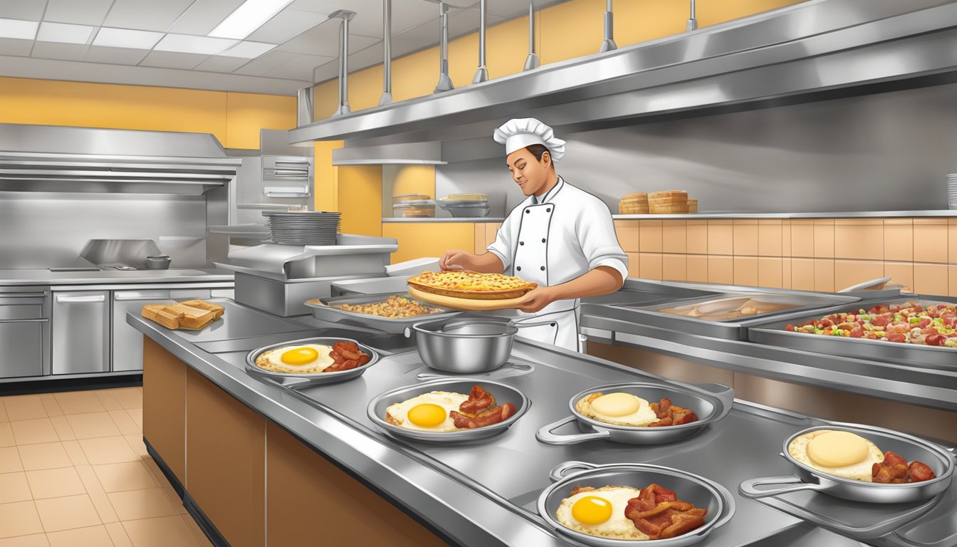 A busy Wendy's breakfast kitchen, filled with sizzling pans and the aroma of freshly cooked eggs, bacon, and potatoes. A chef carefully wraps a perfectly assembled breakfast burrito, ready to be served