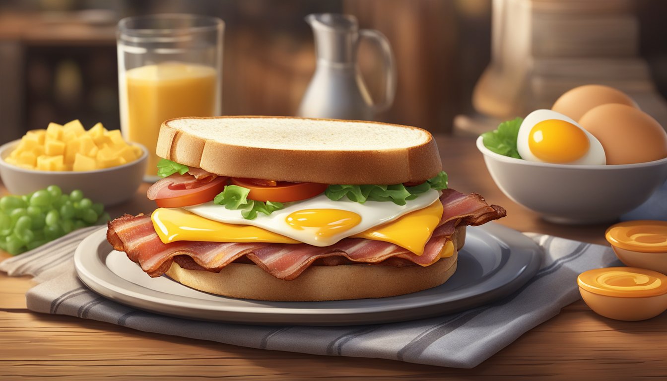 A sizzling bacon, egg, and cheese sandwich sits on a rustic wooden table, surrounded by fresh ingredients and a warm, inviting ambiance