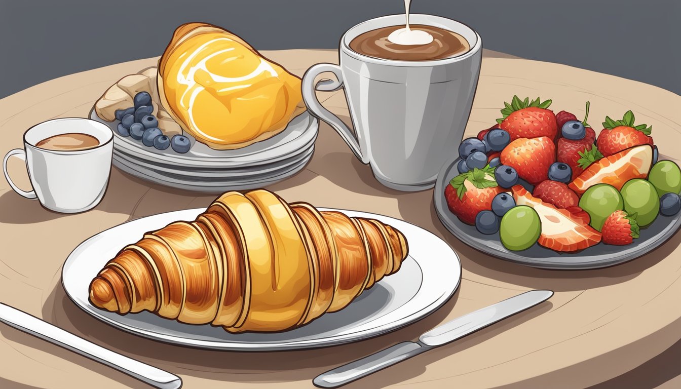 A golden croissant filled with bacon, egg, and melted Swiss cheese on a white plate, surrounded by a cup of coffee and a side of fresh fruit