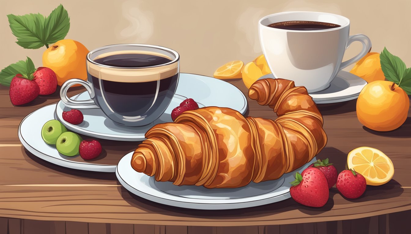 A crispy croissant filled with maple-glazed bacon, surrounded by fresh fruit and a steaming cup of coffee on a rustic wooden table