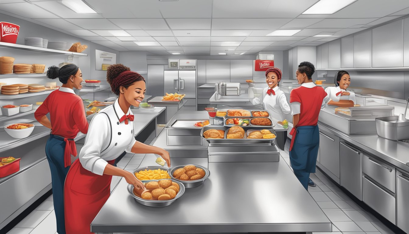 Wendy's breakfast employees navigating busy kitchen, managing multiple orders, and coordinating with colleagues to overcome operational challenges