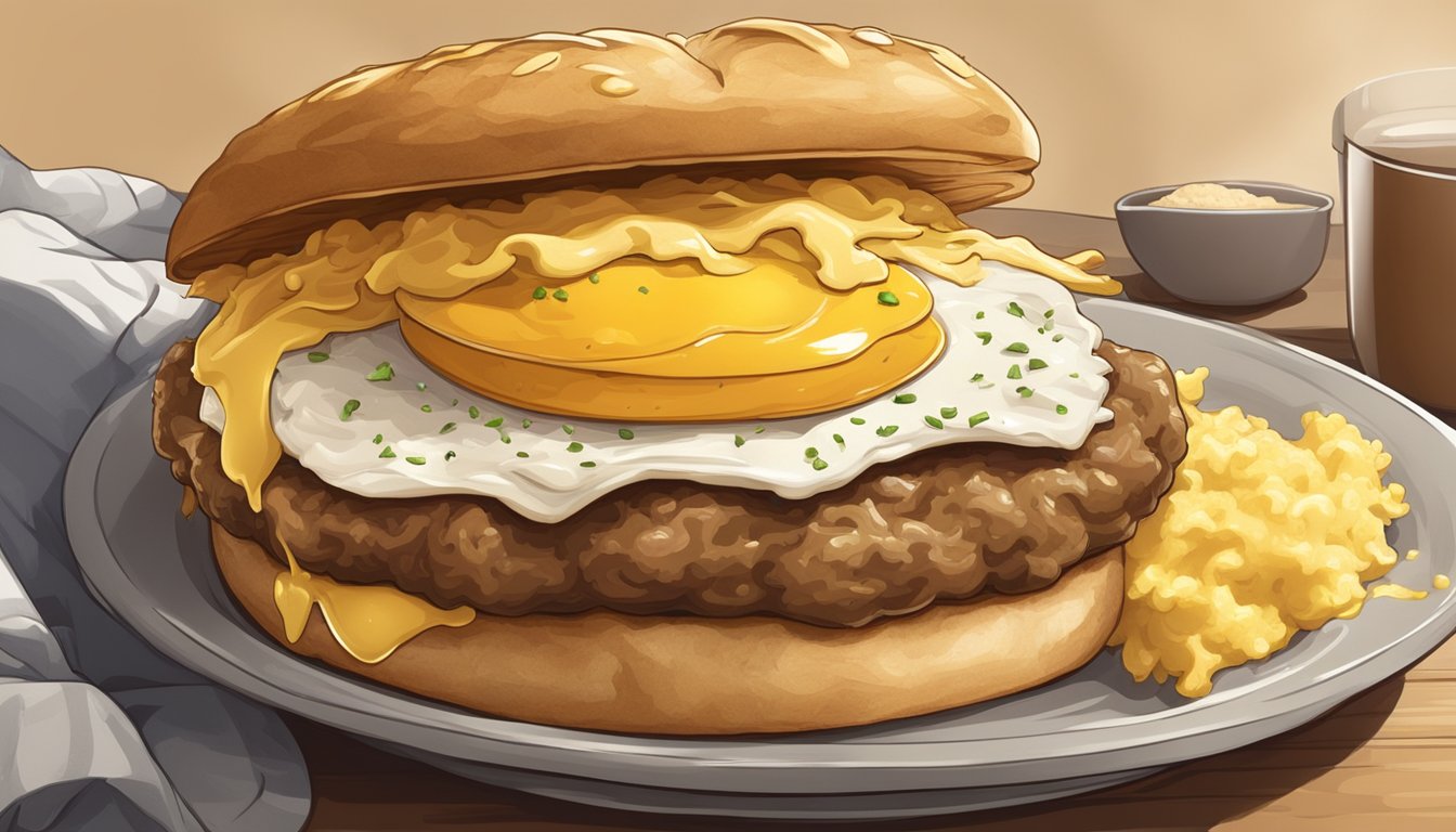 A golden-brown biscuit sandwich filled with a savory sausage patty, a fluffy scrambled egg, and a generous layer of melted cheese