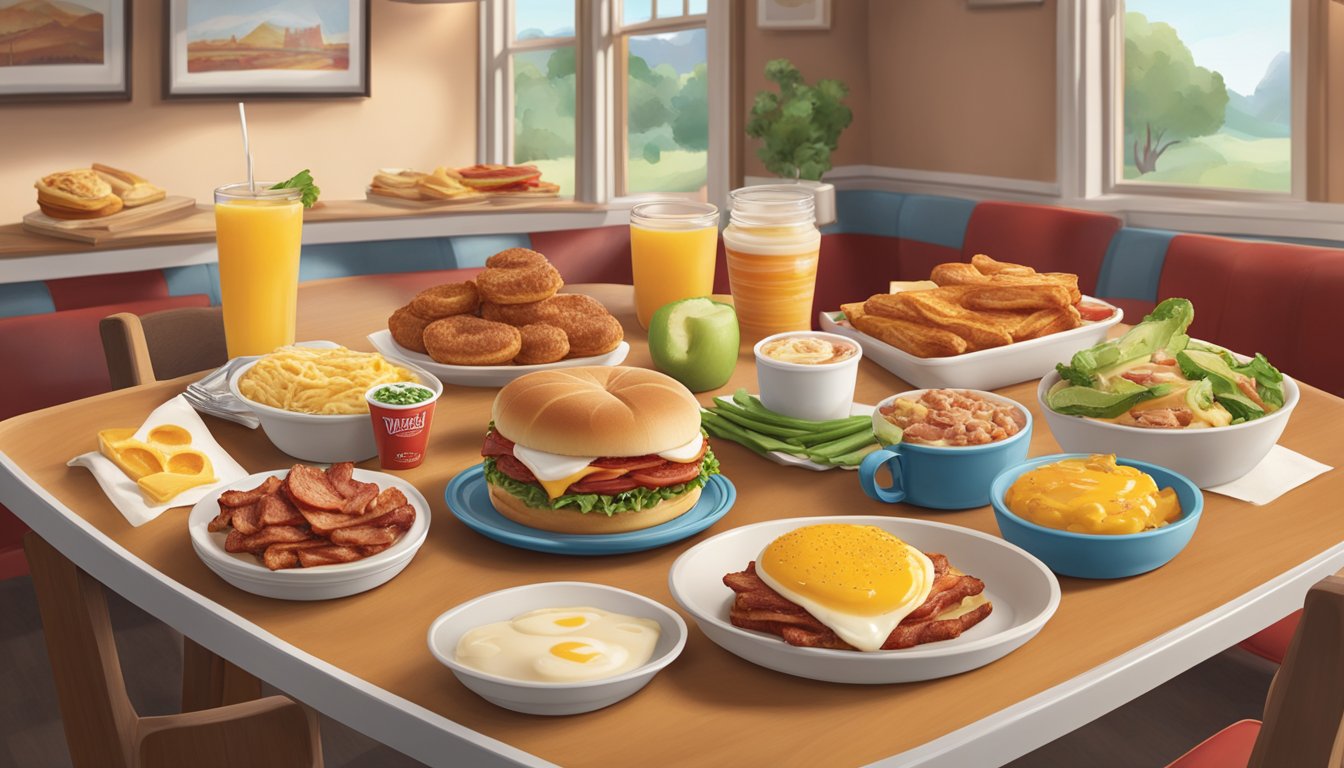 A table set with a Breakfast Baconator and five other healthy options from Wendy's breakfast menu, surrounded by fresh ingredients and a warm, inviting atmosphere