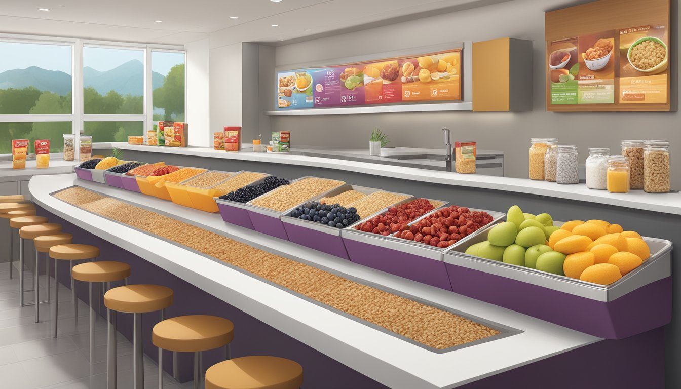 A colorful display of oatmeal, fruit, and nuts on a clean, modern breakfast bar at Wendy's