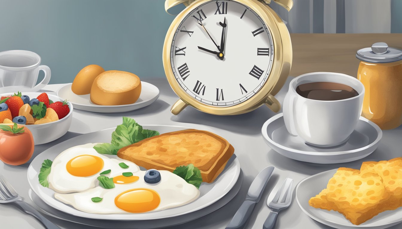 A clock striking 10:30 with a plate of unfinished breakfast items