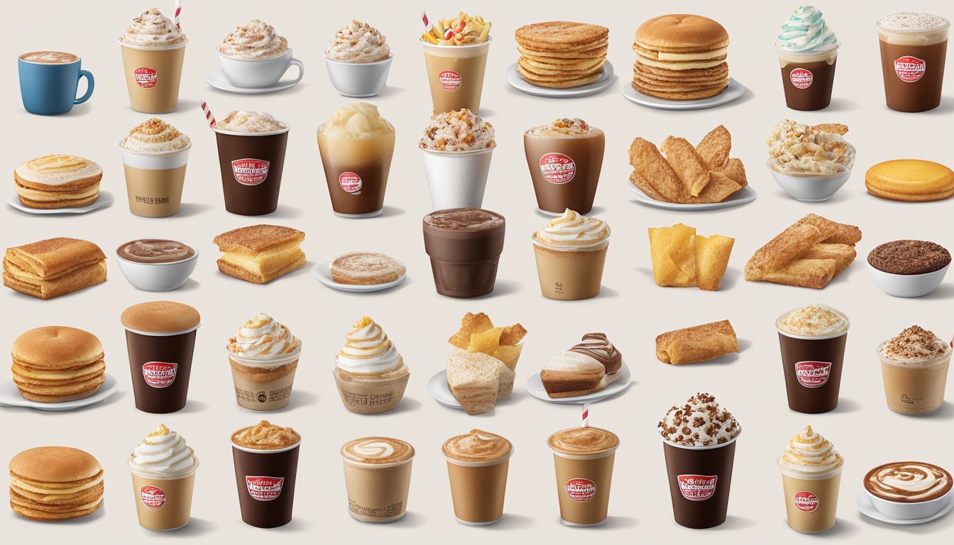 A frosty-ccino with vanilla flavor surrounded by 13 other Wendy's breakfast menu items, ranked in a visually appealing arrangement