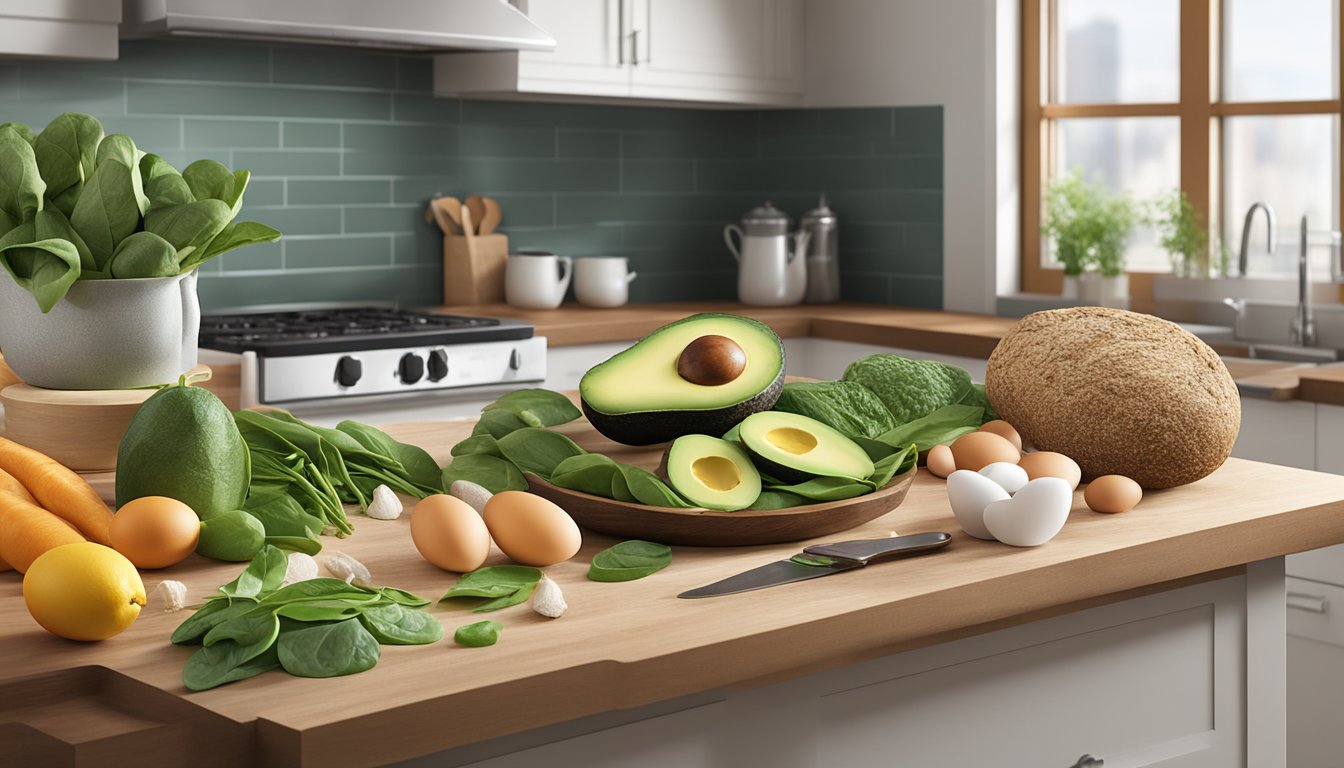 A colorful array of fresh ingredients, including spinach, eggs, avocado, and whole grain bread, sourced from local farms and markets, displayed on a clean, modern kitchen countertop