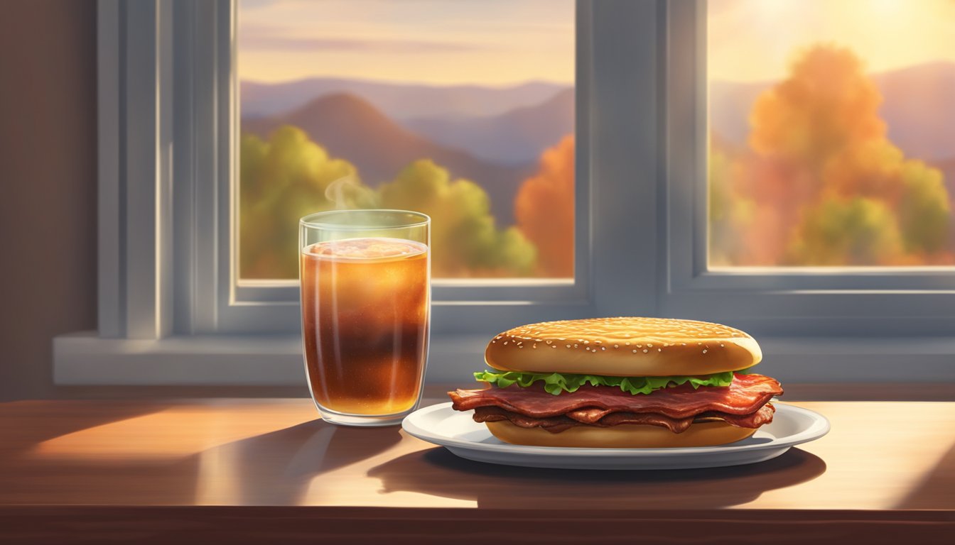 A Baconator sits on a plate, steam rising from the crispy bacon and juicy patty. A sunny morning window illuminates the scene, creating a warm and inviting atmosphere