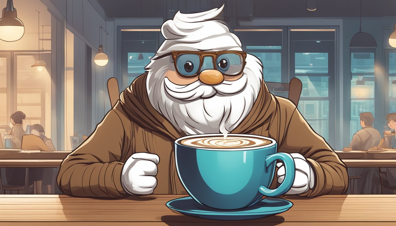 A person sitting at a table with a half-finished Frosty-ccino, wide-eyed and energized as the caffeine kicks in