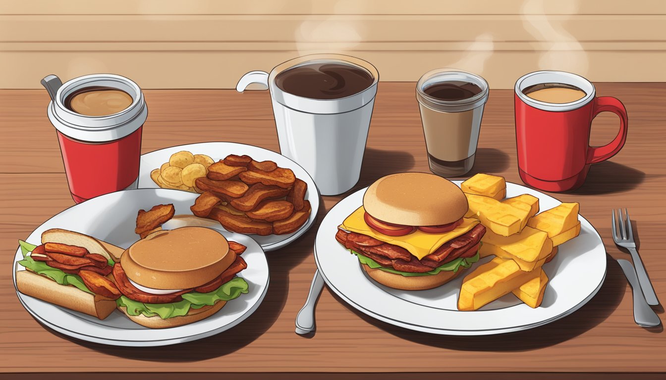 A table set with a spread of Wendy's breakfast items, including a Baconator sandwich, seasoned potatoes, and a cup of coffee