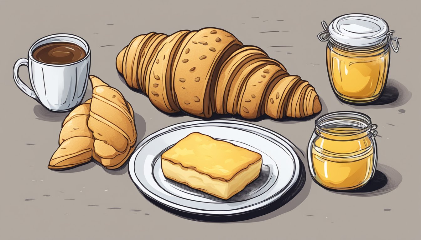 A table with a honey butter biscuit and a croissant, surrounded by anxious faces