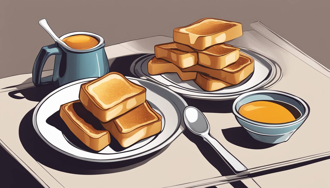 A plate of French toast sticks arranged in a neat and appetizing manner, with a side of syrup for dipping