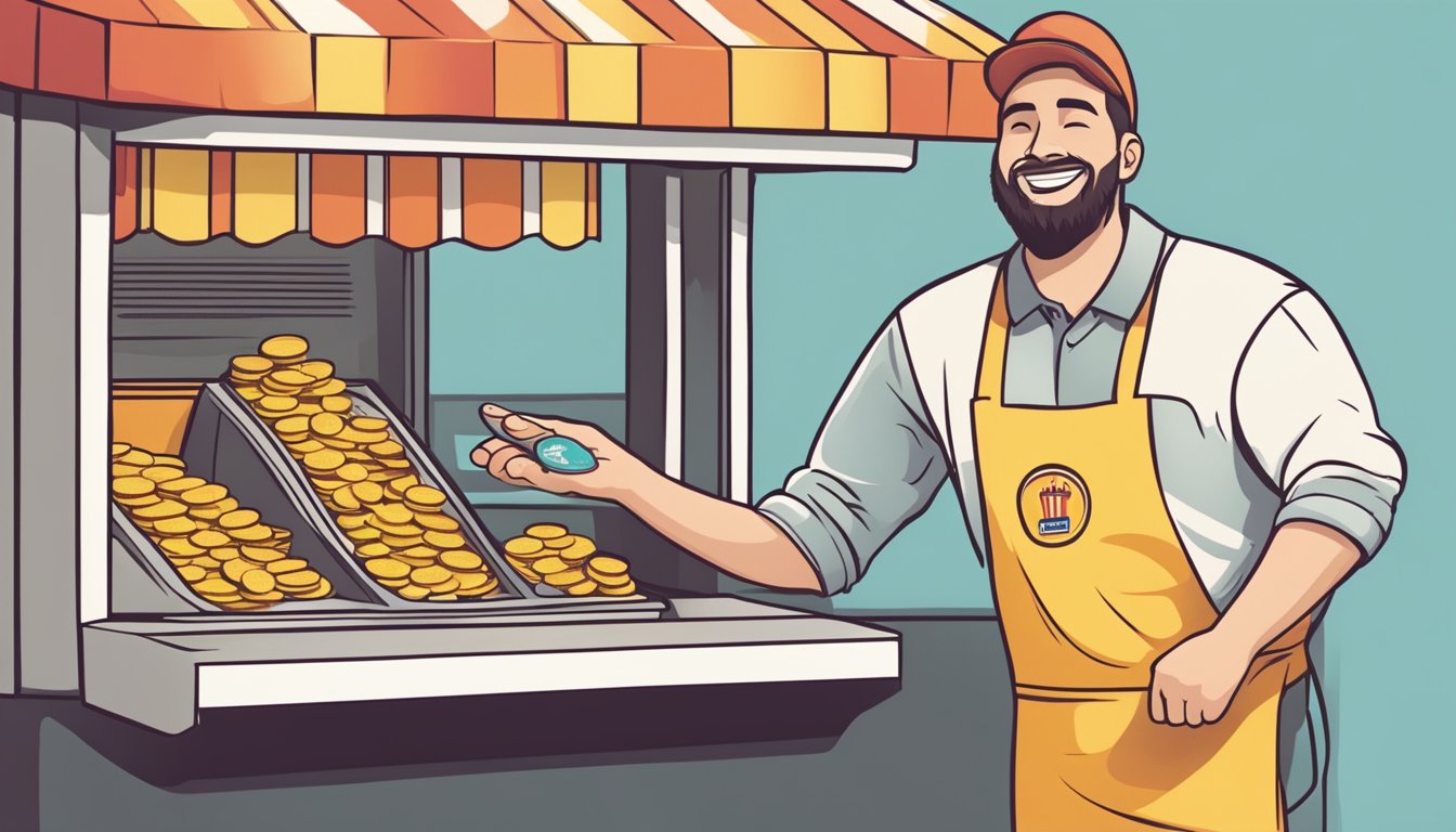 A person's hand dropping coins into a fast food drive-thru payment window, with a happy smile from the employee inside