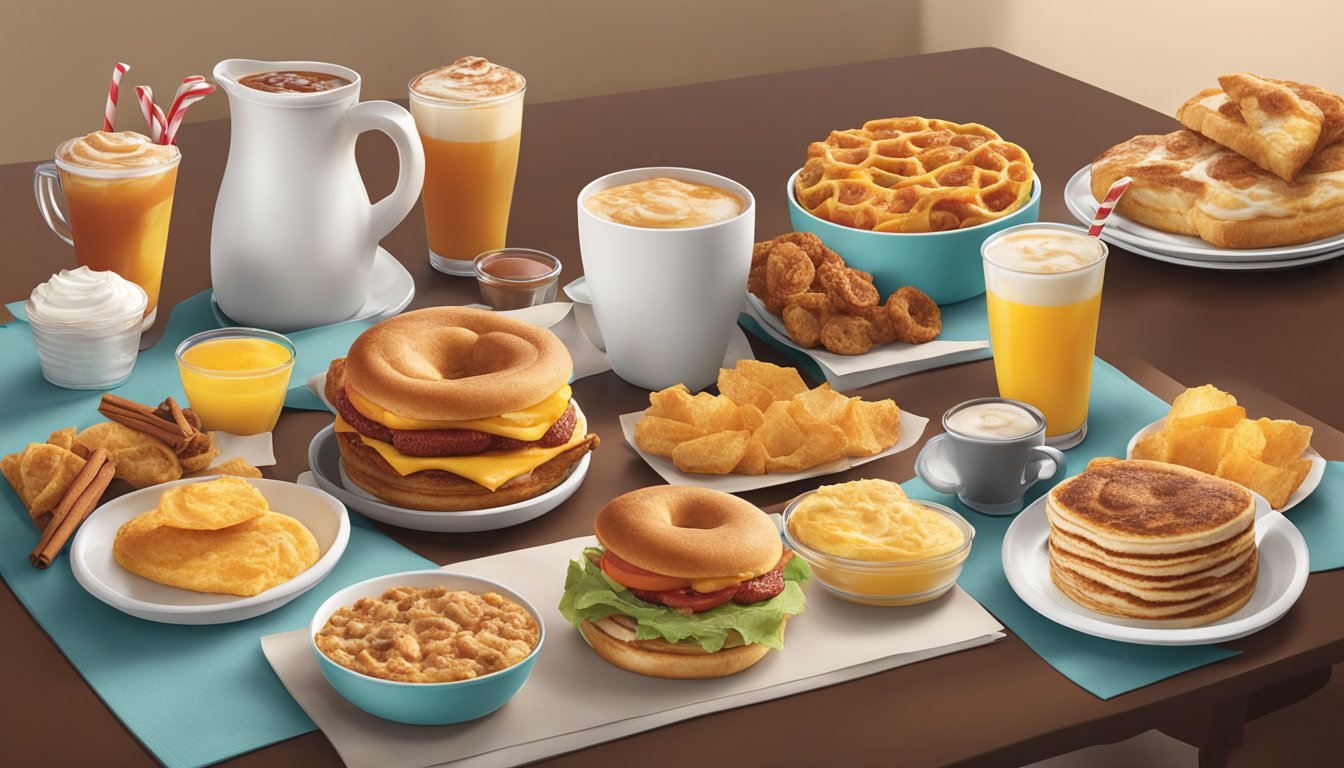 A table with 14 different Wendy's breakfast menu items arranged in a visually appealing manner, with a focus on the Cinnamon Swirl item