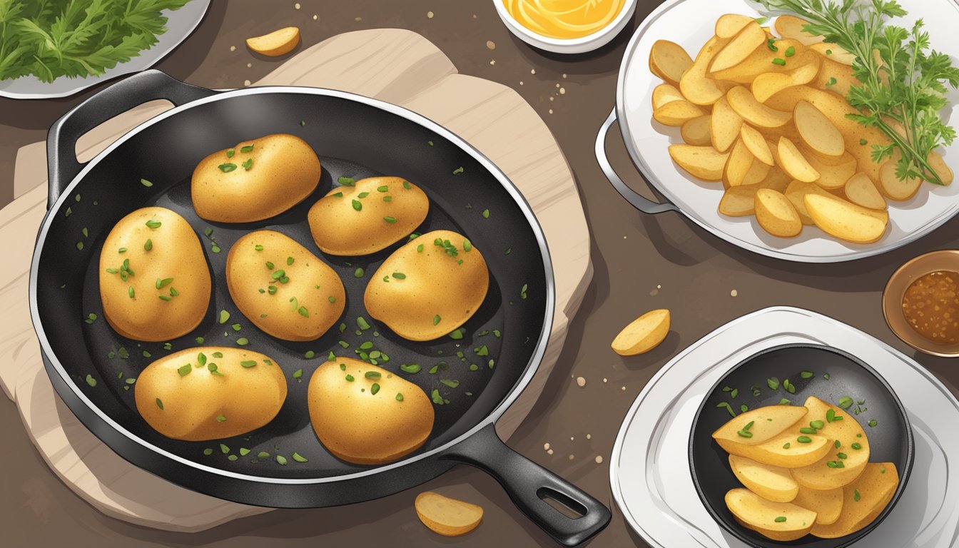 Golden brown potatoes sizzling in a skillet, sprinkled with savory seasoning, emitting a tantalizing aroma